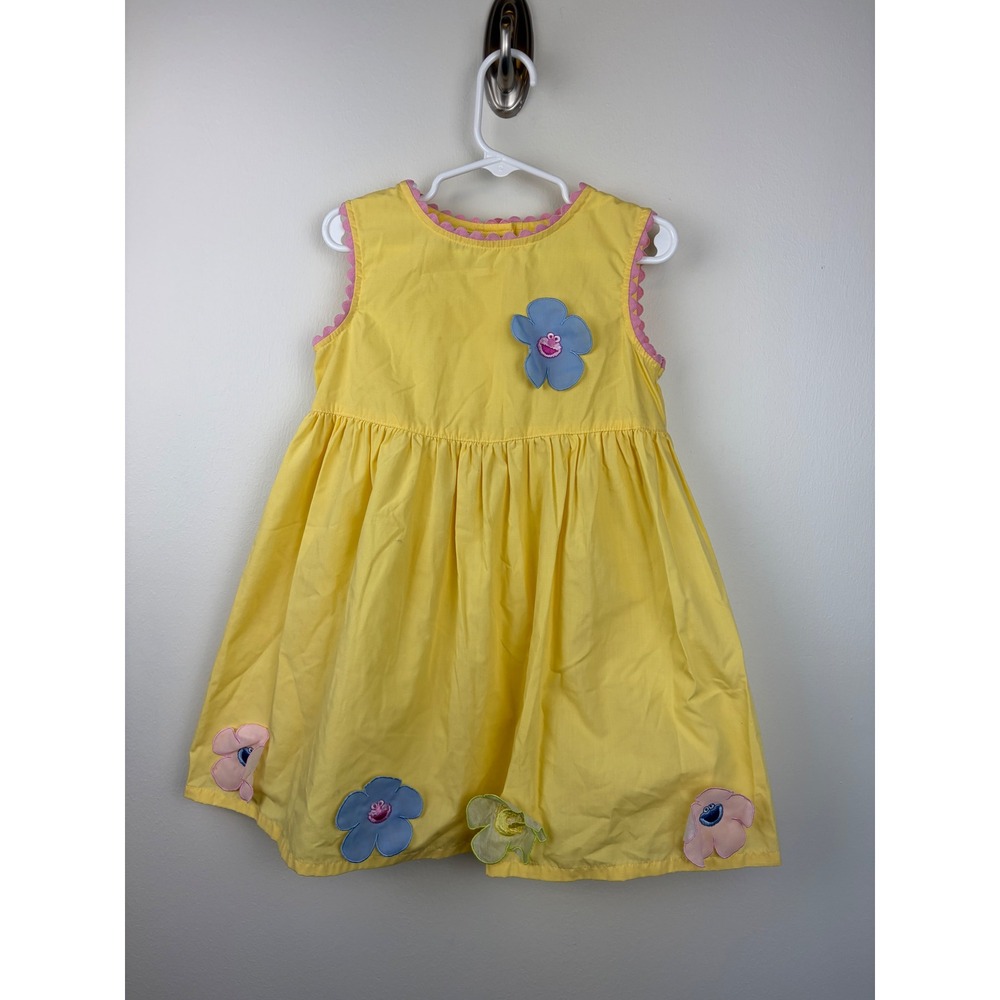 Vintage Y2K Sesame Street Dress 5T Yellow Elmo Cookie Monster Floral Rickrack